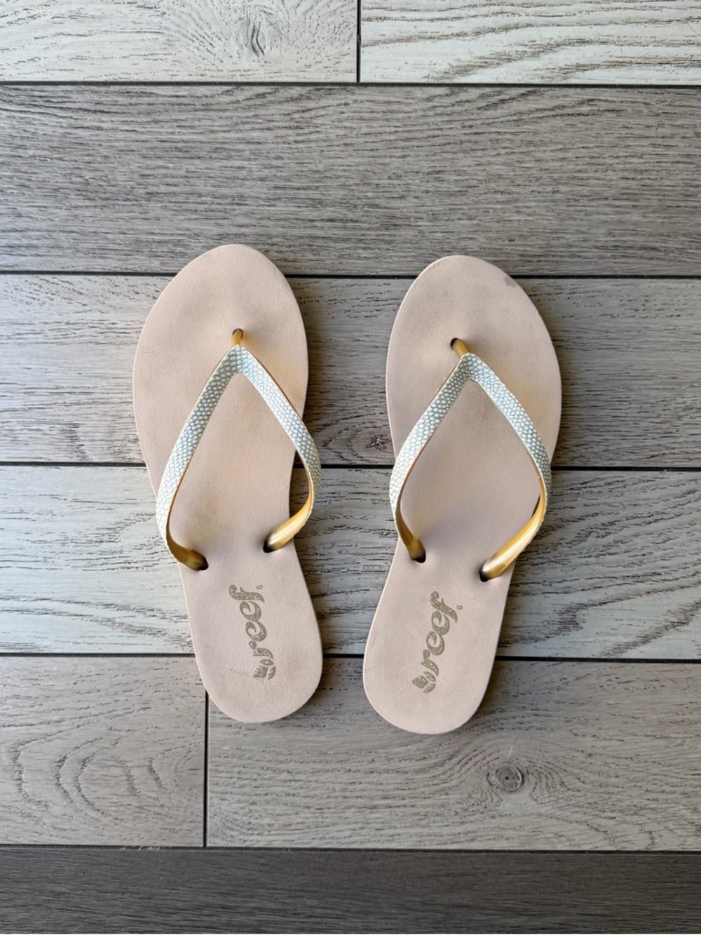 Reef Women's Nude Sandals with Gold and Silver Straps size 6-7